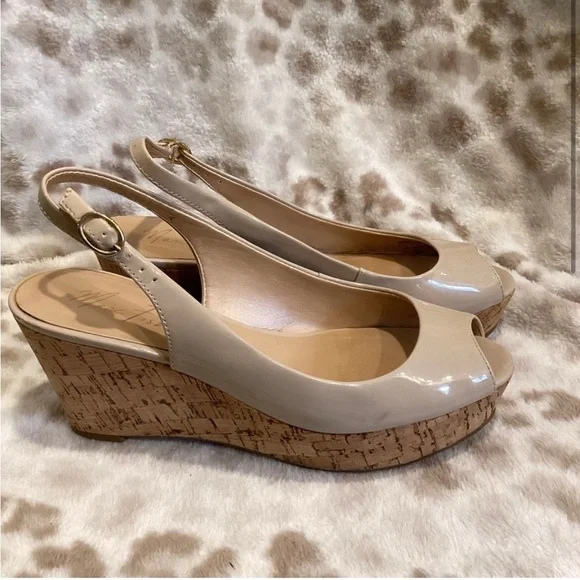 Marc Fisher Nude Patent Leather Peep Toe Wedge
Sandal, Size 8 - Picture 2 of 10
